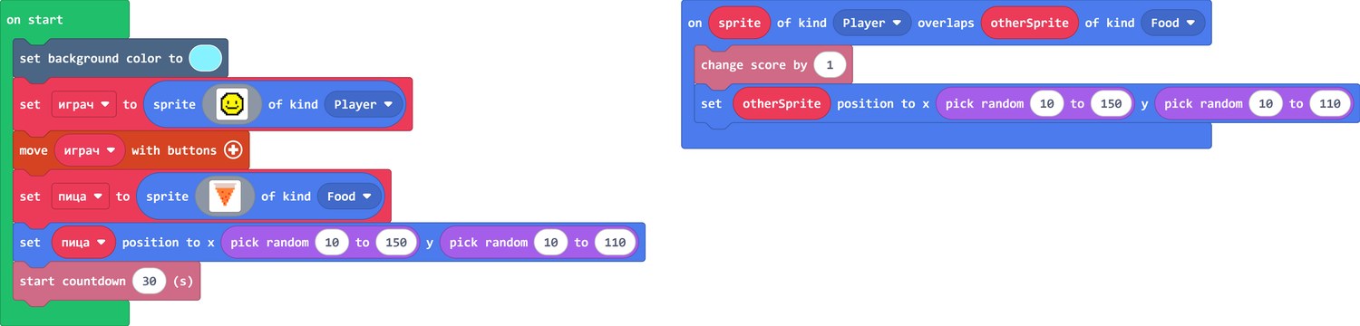 Програмата на играта в блокчета в MakeCode Arcade
